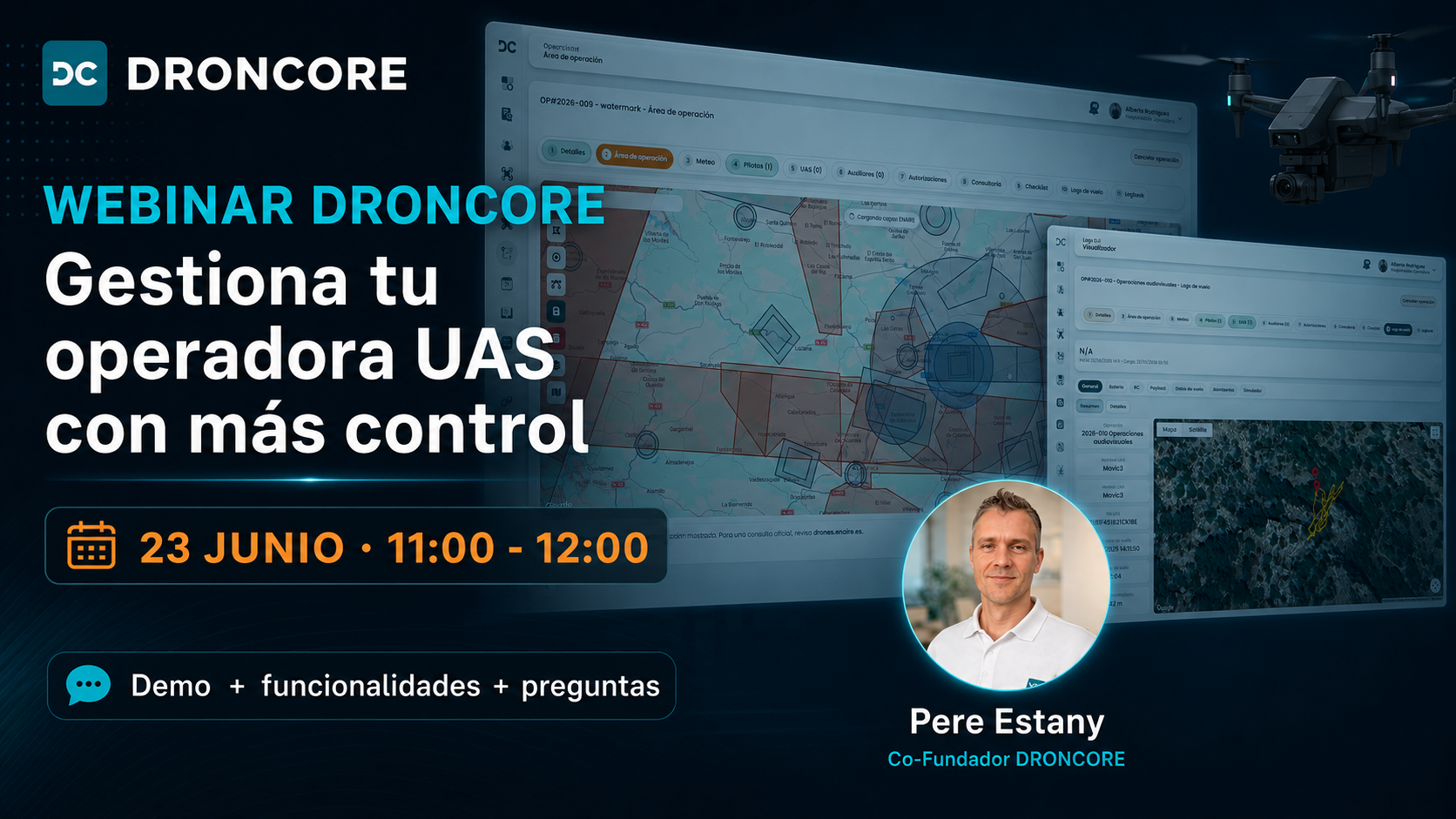 Cartel de la webinar DRONCORE del 23 de junio con Pere Estany